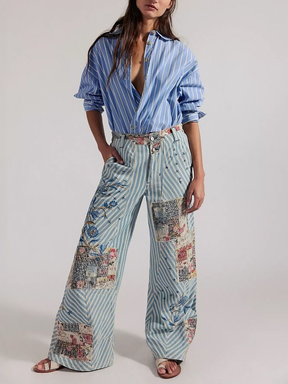 FREE PEOPLE • NWT Runyon Patched pant in westridge stripe patchwork flare size 4